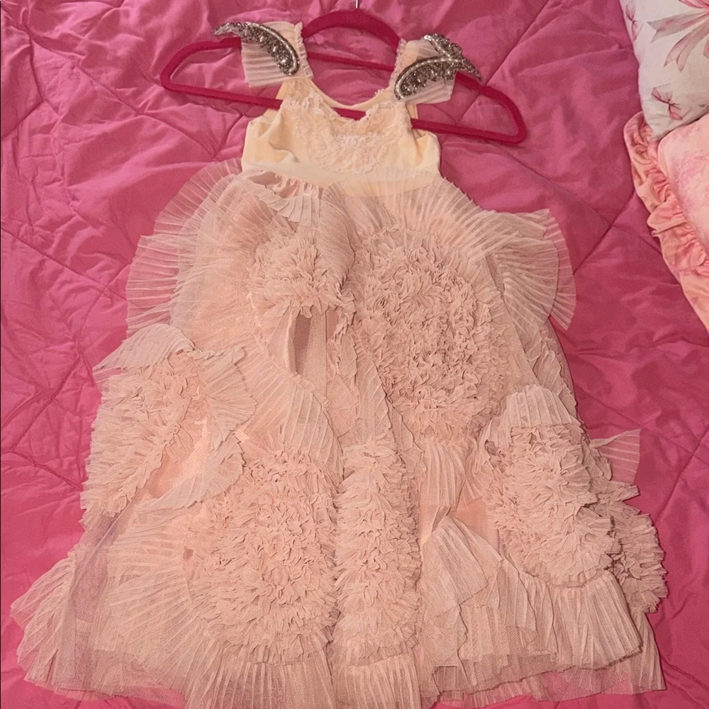 Dollcake Blush Pink Ruffled Tulle Party Dress with Beaded Shoulder Accents